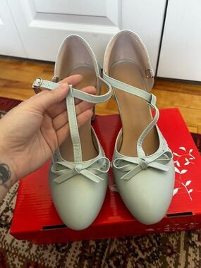 Classic Mint Bow T-Strap Heels for Women
